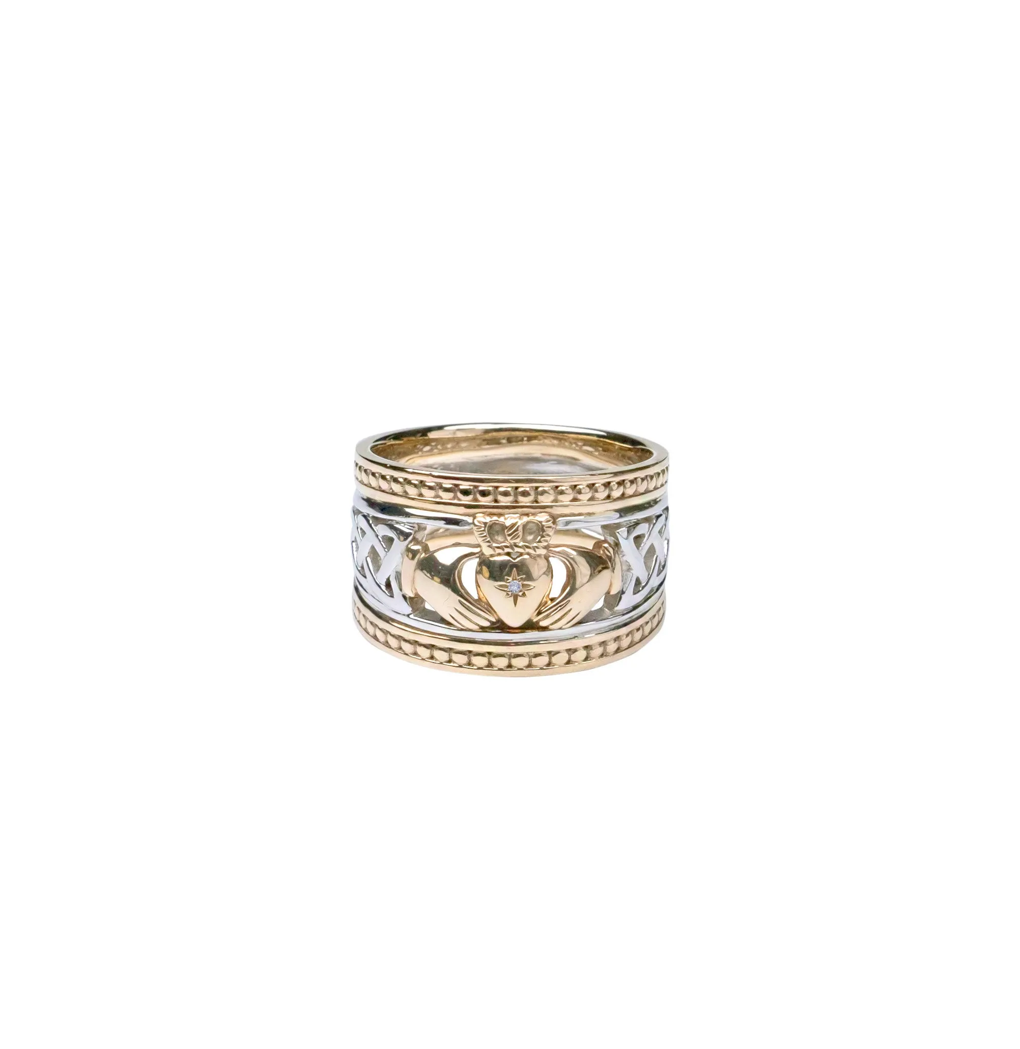 10k Yellow and White Gold Celtic Claddagh Shield  Wedding Ring