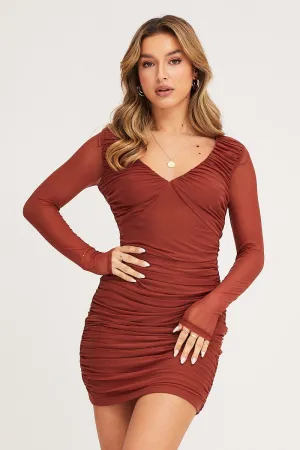 Brown Mini Dress Long Sleeve Evening Mesh