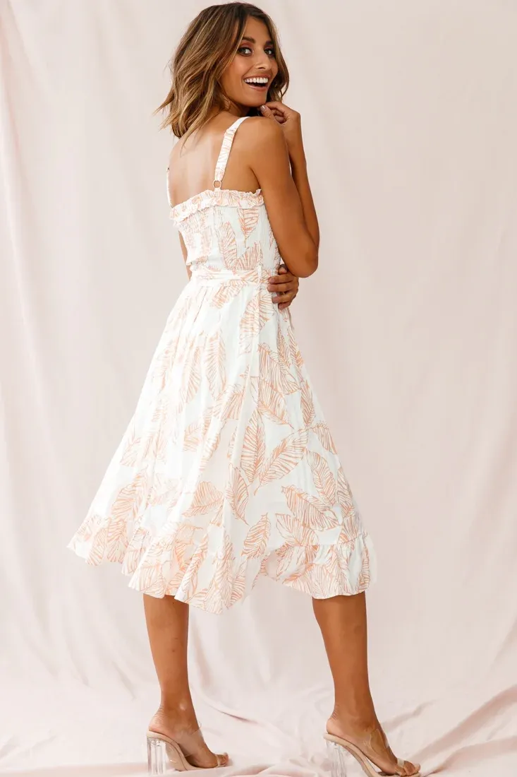 Honey Shirred Frill Midi Dress Nude Print