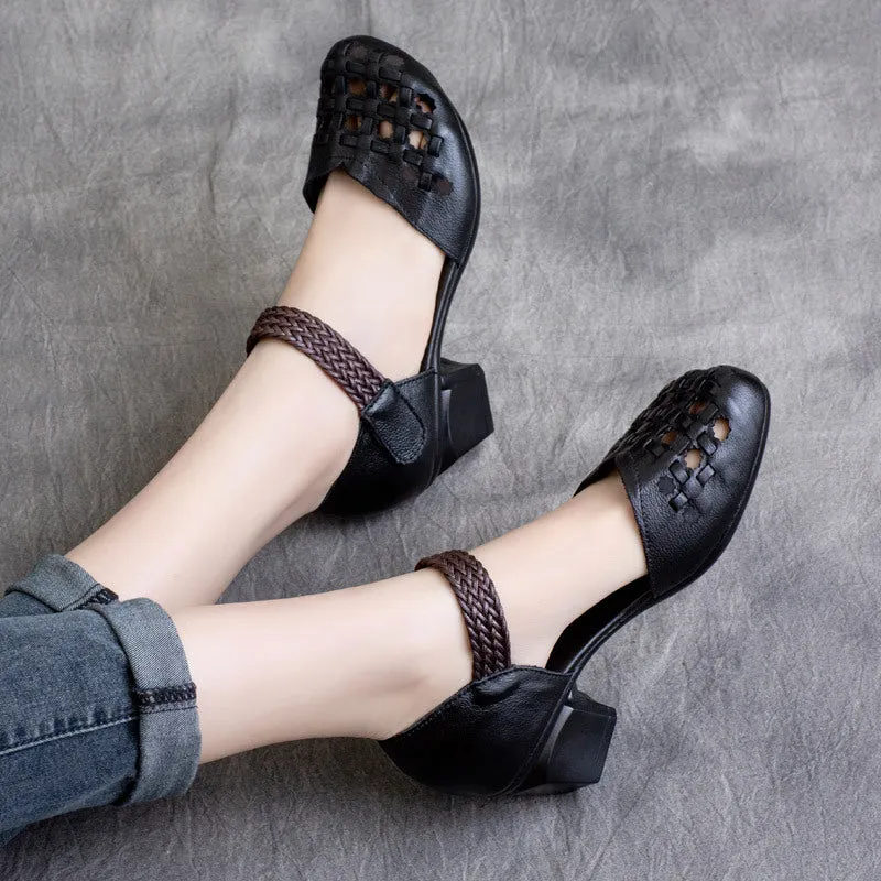 Women Retro Woven Leather Perforated Chunky Heel Sandals
