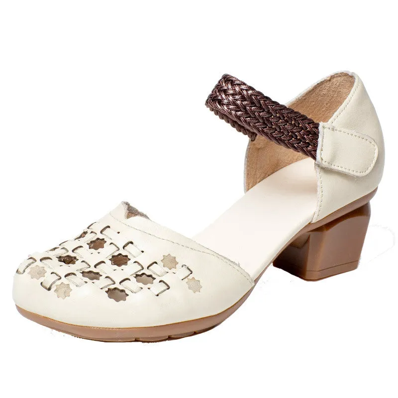 Women Retro Woven Leather Perforated Chunky Heel Sandals