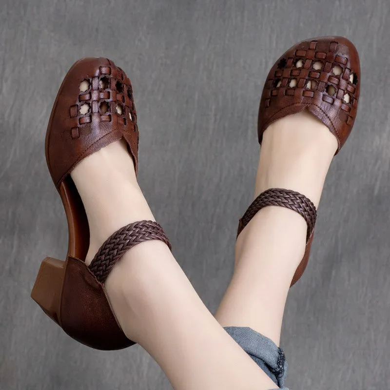 Women Retro Woven Leather Perforated Chunky Heel Sandals