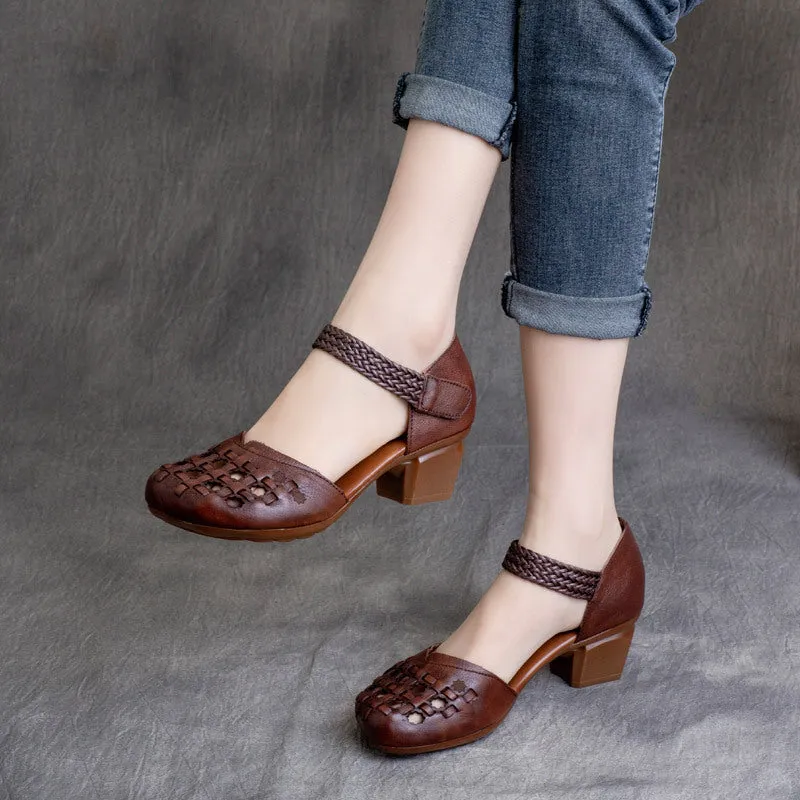 Women Retro Woven Leather Perforated Chunky Heel Sandals