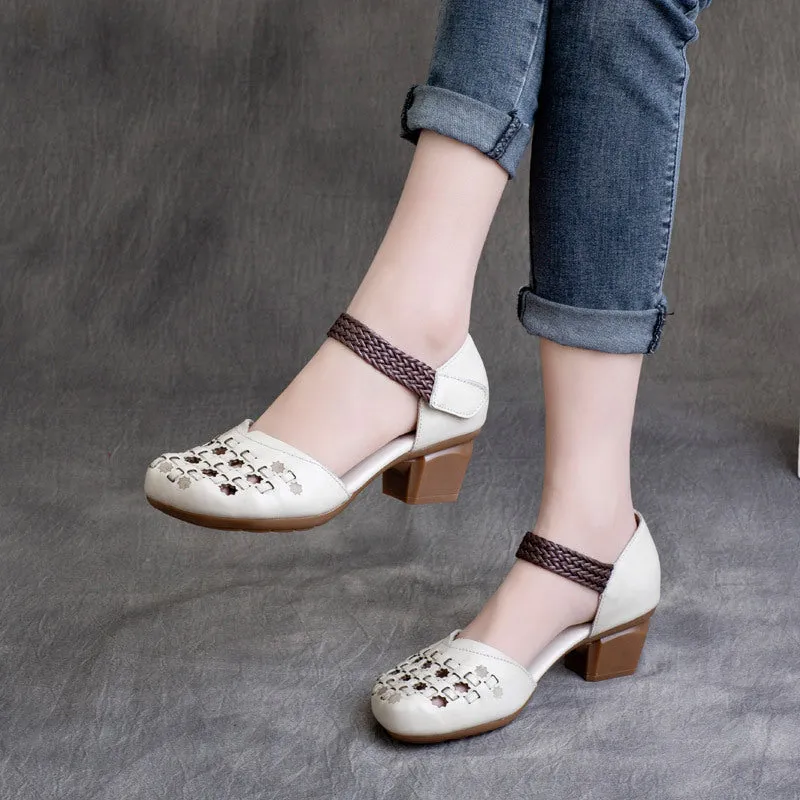 Women Retro Woven Leather Perforated Chunky Heel Sandals