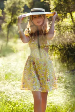 Yellow Florals Print Cut-out Puff Sleeve Mini Dress